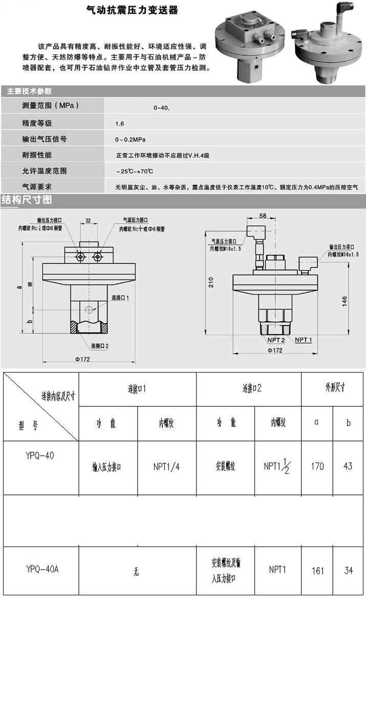 氣動抗震壓力變送器 型號:ZY221-YPQ-40